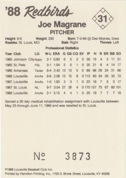 1988 Louisville Redbirds #31 Joe Magrane Back