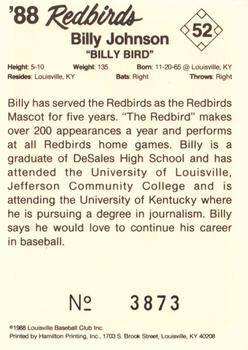 1988 Louisville Redbirds #52 Billy Bird Back