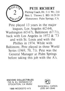 1988 Modesto A's #2 Pete Richert Back