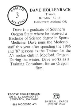 1988 Modesto A's #3 Dave Hollenback Back