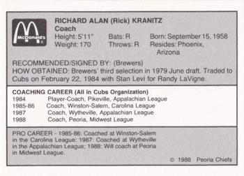 1988 Peoria Chiefs #NNO Rick Kranitz Back