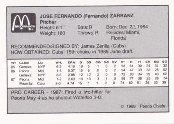 1988 Peoria Chiefs #NNO Fernando Zarranz Back