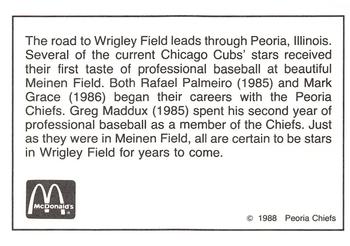 1988 Peoria Chiefs #NNO Alumni (Mark Grace / Greg Maddux / Rafael Palmeiro) Back