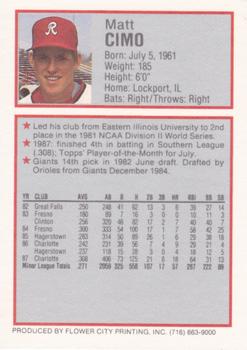 1988 Rochester Red Wings #7 Matt Cimo Back
