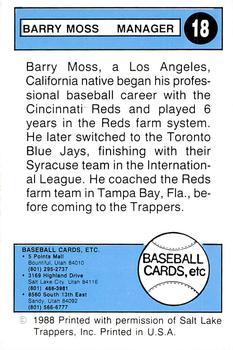 1988 Salt Lake Trappers #18 Barry Moss Back