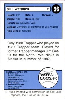 1988 Salt Lake Trappers #26 Bill Wenrick Back