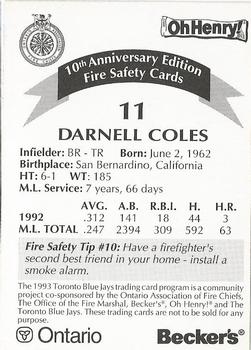 1993 Toronto Blue Jays Fire Safety #NNO Darnell Coles Back