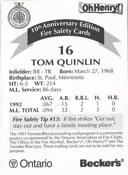 1993 Toronto Blue Jays Fire Safety #NNO Tom Quinlan Back