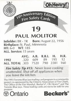 1993 Toronto Blue Jays Fire Safety #NNO Paul Molitor Back