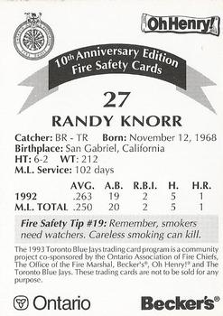 1993 Toronto Blue Jays Fire Safety #NNO Randy Knorr Back