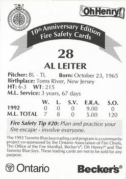 1993 Toronto Blue Jays Fire Safety #NNO Al Leiter Back