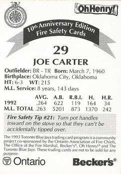 1993 Toronto Blue Jays Fire Safety #NNO Joe Carter Back