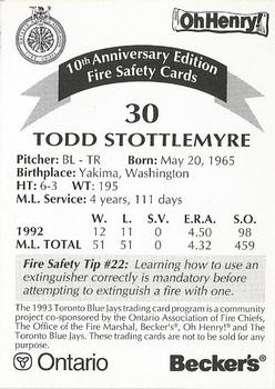 1993 Toronto Blue Jays Fire Safety #NNO Todd Stottlemyre Back