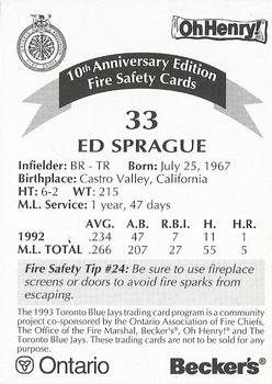 1993 Toronto Blue Jays Fire Safety #NNO Ed Sprague Back