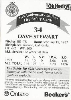 1993 Toronto Blue Jays Fire Safety #NNO Dave Stewart Back