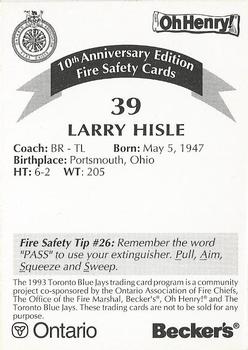 1993 Toronto Blue Jays Fire Safety #NNO Larry Hisle Back