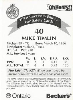 1993 Toronto Blue Jays Fire Safety #NNO Mike Timlin Back