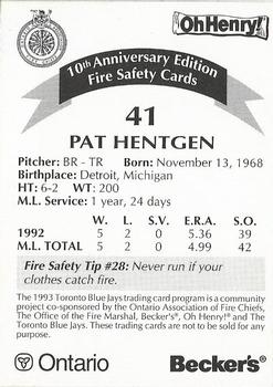 1993 Toronto Blue Jays Fire Safety #NNO Pat Hentgen Back