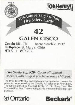 1993 Toronto Blue Jays Fire Safety #NNO Galen Cisco Back