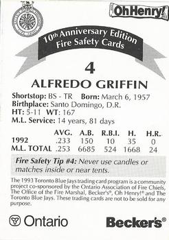 1993 Toronto Blue Jays Fire Safety #NNO Alfredo Griffin Back