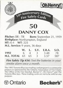 1993 Toronto Blue Jays Fire Safety #NNO Danny Cox Back