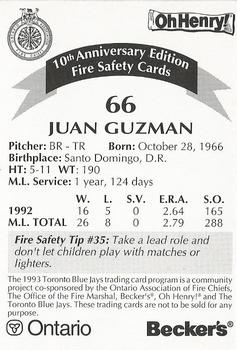 1993 Toronto Blue Jays Fire Safety #NNO Juan Guzman Back