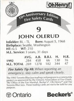 1993 Toronto Blue Jays Fire Safety #NNO John Olerud Back