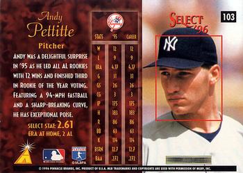 1996 Select #103 Andy Pettitte Back