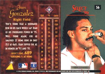 1996 Select #56 Juan Gonzalez Back
