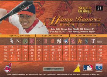 1996 Select Certified #51 Manny Ramirez Back