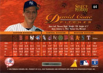 1996 Select Certified #64 David Cone Back