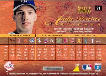 1996 Select Certified #91 Andy Pettitte Back