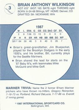 1987 Bellingham Mariners #3 Brian Wilkinson Back