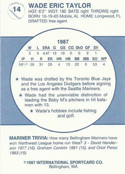 1987 Bellingham Mariners #14 Wade Taylor Back