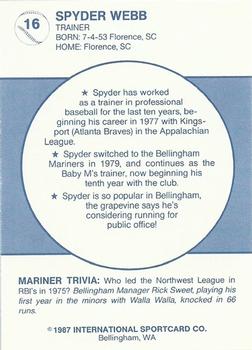 1987 Bellingham Mariners #16 Spyder Webb Back