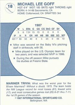 1987 Bellingham Mariners #18 Mike Goff Back