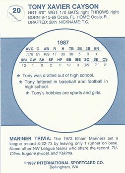 1987 Bellingham Mariners #20 Tony Cayson Back