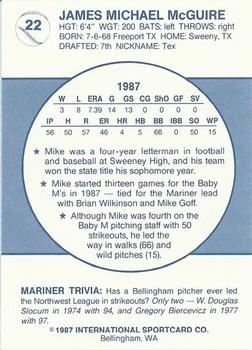 1987 Bellingham Mariners #22 Mike McGuire Back