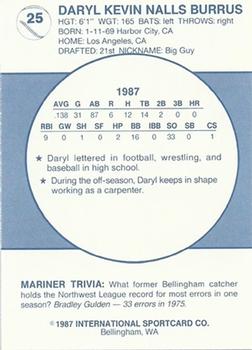 1987 Bellingham Mariners #25 Daryl Burrus Back