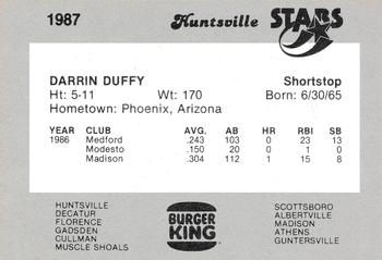 1987 Burger King Huntsville Stars #NNO Darrin Duffy Back
