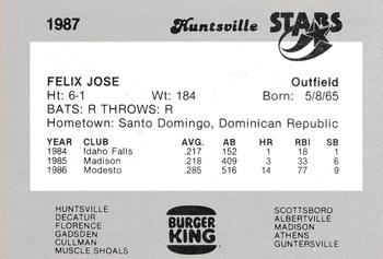 1987 Burger King Huntsville Stars #NNO Felix Jose Back