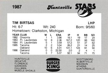 1987 Burger King Huntsville Stars #NNO Tim Birtsas Back