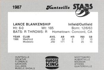 1987 Burger King Huntsville Stars #NNO Lance Blankenship Back