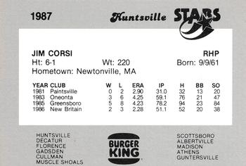 1987 Burger King Huntsville Stars #NNO Jim Corsi Back