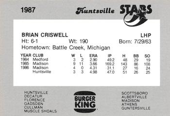1987 Burger King Huntsville Stars #NNO Brian Criswell Back