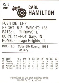 1987 Iowa Cubs #1 Carl Hamilton Back