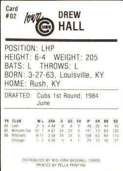 1987 Iowa Cubs #2 Drew Hall Back