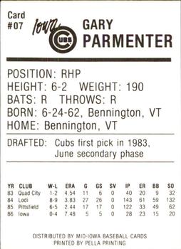 1987 Iowa Cubs #7 Gary Parmenter Back
