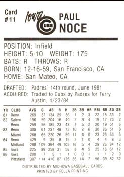 1987 Iowa Cubs #11 Paul Noce Back