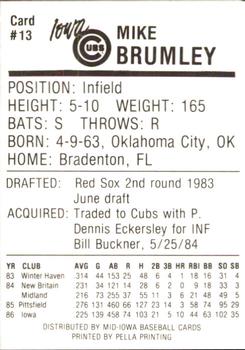 1987 Iowa Cubs #13 Mike Brumley Back
